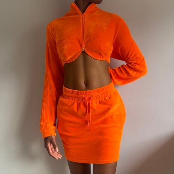 ADIDAS X Jeremy Scott Velour Mini Skirt Orange Y2K Collab Sz M - Picture 1 of 12